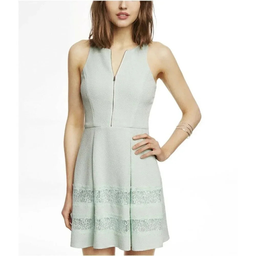 EXPRESS Size 6 Mint Green Zip Front Lace Insert Textured Flare Dress NEW!